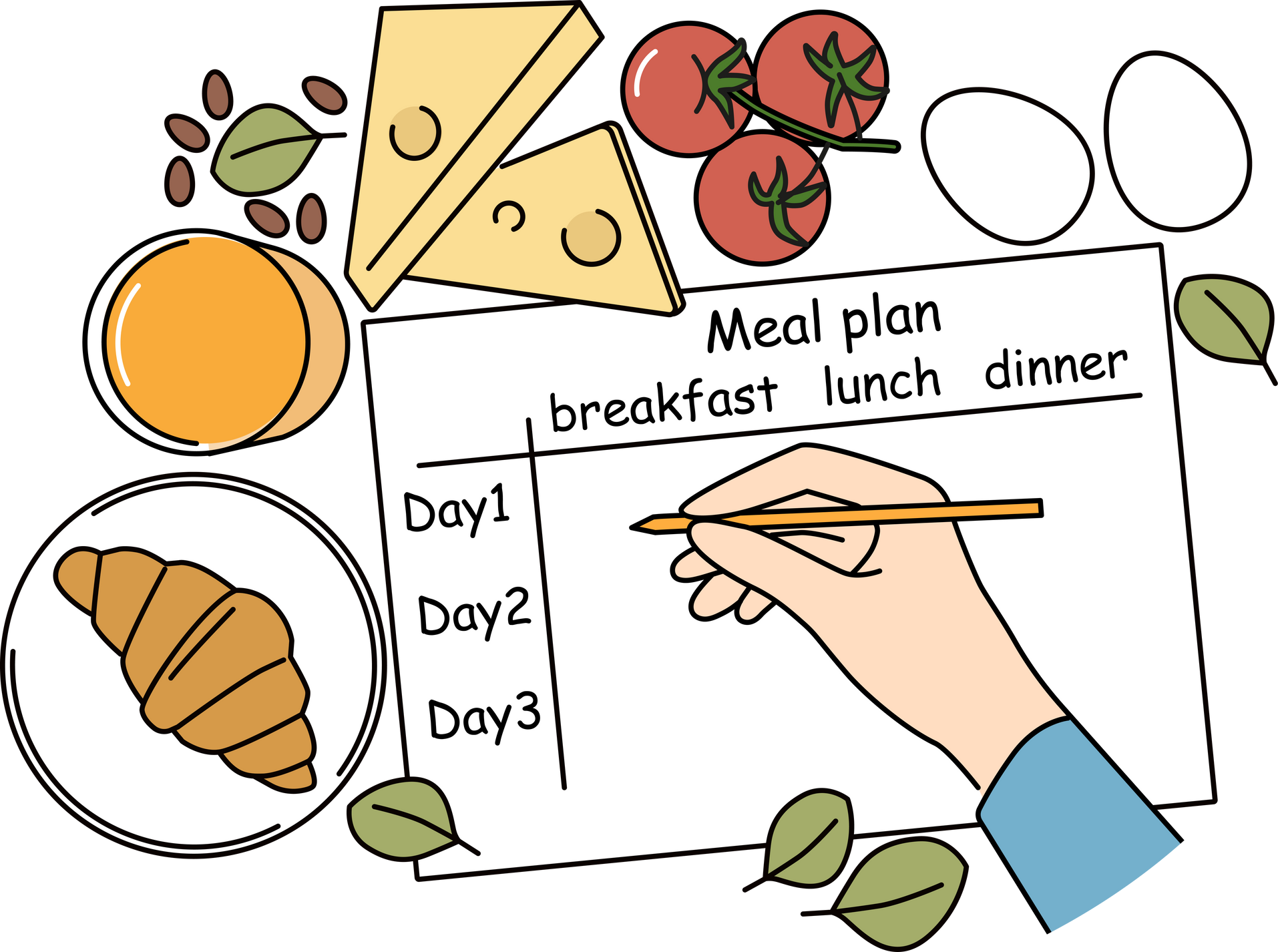 Meal plan on table of nutritionist near ingredients for preparing healthy and tasty food